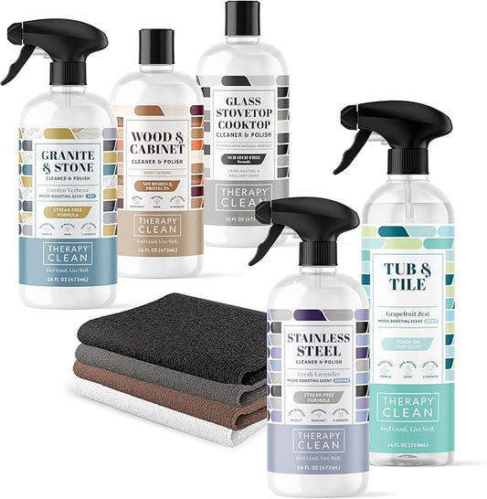 Therapy Clean Home Essentials Bundle - Cleaning Supplies Bundle Kit New Home - House Cleaning Kit - Household Gift Set - Stainless, Granite, Bathroom and Wood with Microfiber Cloths