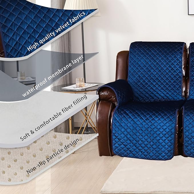 LUFEIJIASHI Non Slip Recliner Couch Covers for 3 Cushion Couch Sofa Reclining, Waterproof Recliner Sofa Covers 3 Seat, Velvet Reclining Couch Covers for Furniture Protector for Dogs Pets Navy Blue