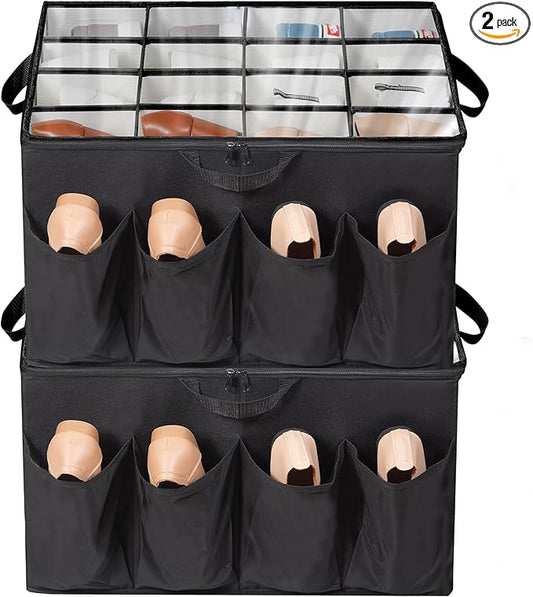 Shoe Organizer for Closet, Shoe Storage Solution with Clear Cover & Adjustable Dividers, Fabric Shoe Box Fits 16 +8 Pairs Shoes, Black, 2-Pack