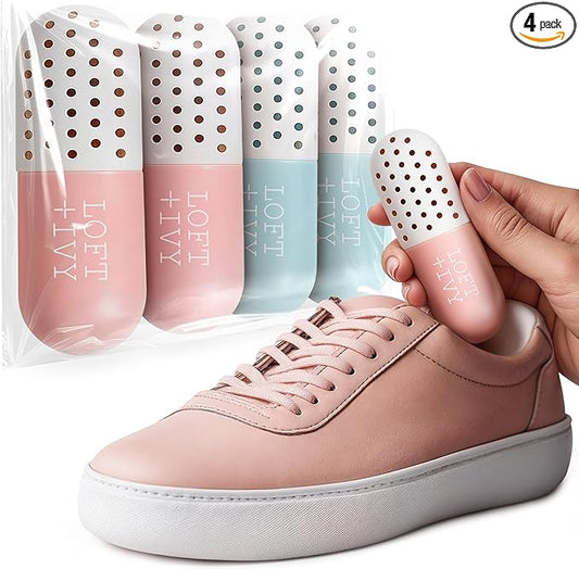 LOFT + IVY Shoe Deodorizer Balls – Ocean Fresh Scented Odor Eaters for Shoes, Gym Bags, Cars & Lockers – Compact Reusable Shoe Smell Remover Freshener Inserts – Long Lasting 4-Pack Sneaker Pills
