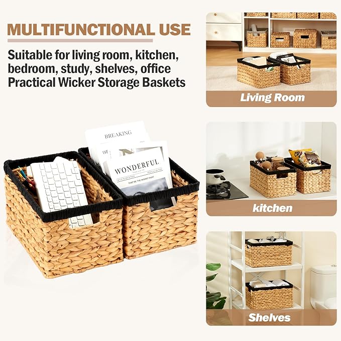 Wicker Storage Basket 2 Pack, Water Hyacinth Storage Baskets with Built-in Handles, Large Wicker Baskets for Storage & Organizing, Natural with Black