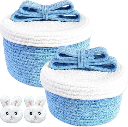 Cute Storage Baskets with Lids, Small Round Woven Rope Basket with Lid, Small Toy Box for Kids, Cat or Dog, Cute Basket for Gift, Toy or Home Decor, Chic Bow Handle (blue)