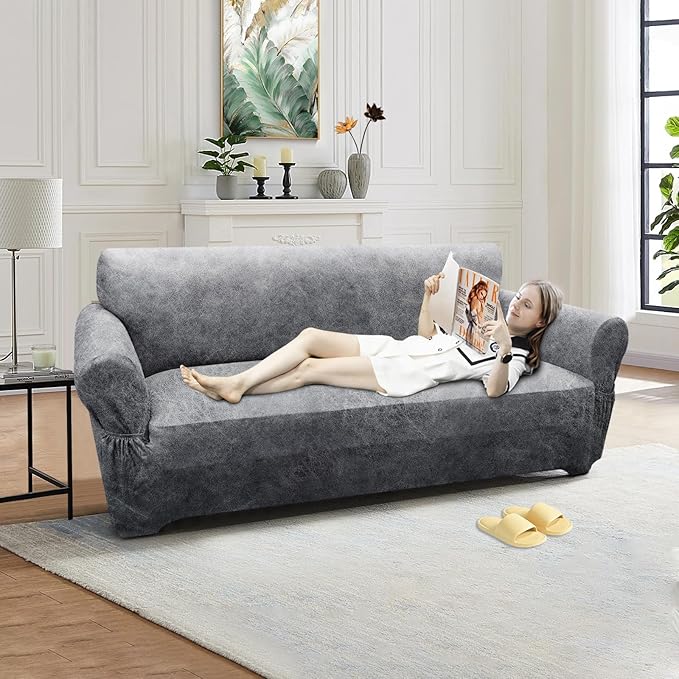 Loveseat Sofa Slipcover Leather Look Couch Covers for 2 Seater Couch Sofa 1-Piece Sofa Cover Stretch Furniture Protector with Elastic Bottom & Pockets(Loveseat, Light Grey)