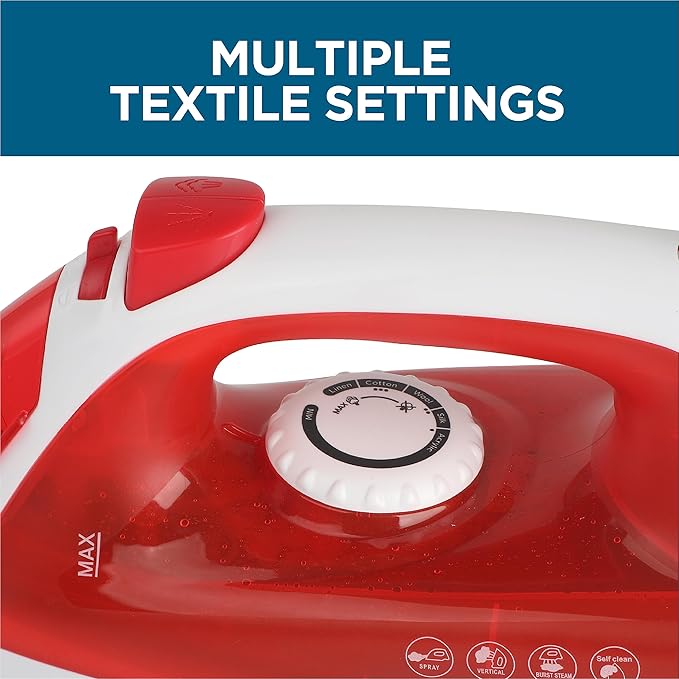 Steam Iron, 1200 Watt Portable Iron, Self-Cleaning Steamer for Clothes with Nonstick Soleplate, Red