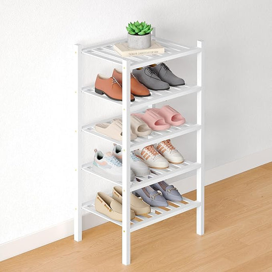Smiry Bamboo Shoe Rack for Closet, 5 Tier Small Wooden Stackable Shoe Organizer, Free Standing Shoes Storage Shelf for Entryway, Front Door Entrance, White
