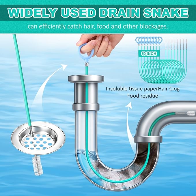 30 Pack 50 Inch Sink Snake Bulk Hair Drain Clog Remover Unbreakable Metal Drain Snake Hair Removal Tool Flexible & Long Unclogging Tool for Bathroom Sink Tub Shower