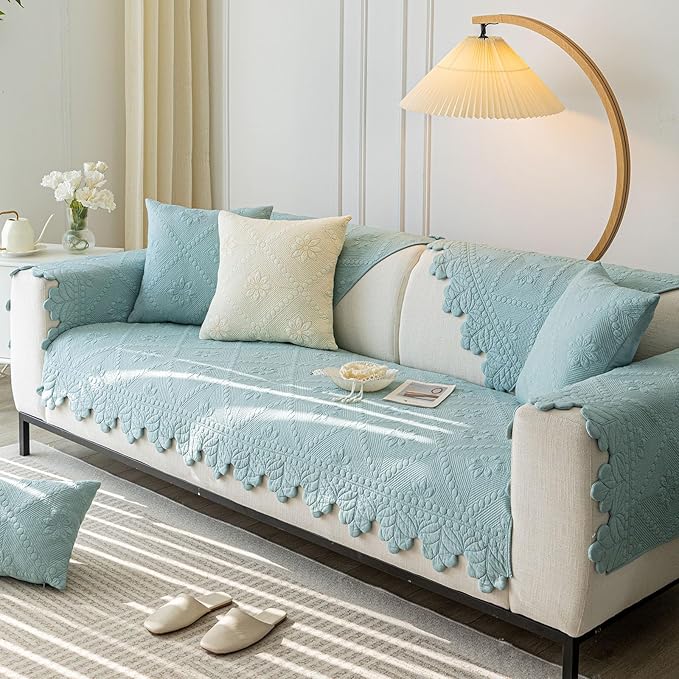 Cotton Quilted Dog Couch Cover for Sofa Farmhouse Rustic Embroidery Sectional Couch Cover Soft Anti-Slip Sofa Slipcover Furniture Protector for Kids, Pets (Blue,28"x59")