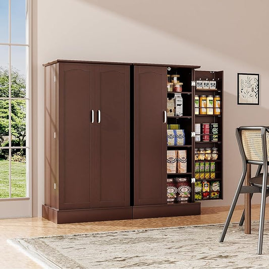 47” Pantry Cabinet, Kitchen Pantry Storage Cabinet with Doors & Adjustable Shelves, Brown Freestanding Buffet Cupboards Sideboard for Living Room and Dinning Room, Sturdy and Durable