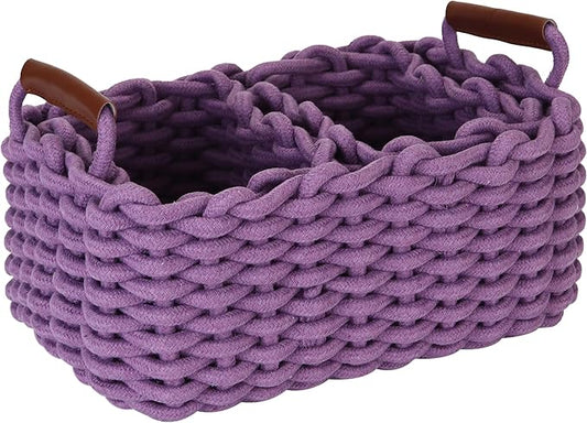 Sea Team 3-Pack Rectangle Woven Cotton Rope Storage Baskets with Handles, Shelf Basket, Closet Organizers, 3-in-1, Purple