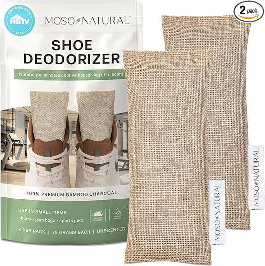 Moso Natural Shoe Deodorizer Inserts, HGTV Editor's Pick, Reusable Charcoal Odor Absorber for Shoes, Gym Bags, Sports Gear. Shoe Odor Elimination Air Purifying Bags (Beige) Two Per Pack