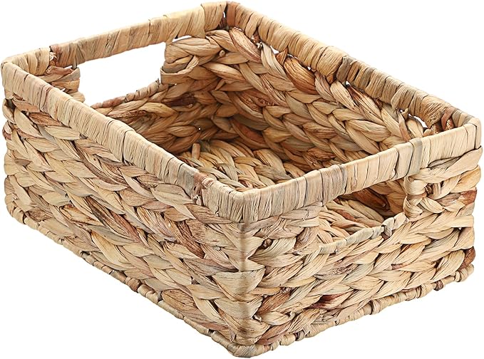 Wicker Basket for Shelf Water Hyacinth Storage Baskets with Built-in Handles Handwoven Natural Basket Bin for Bathroom Kitchen Home Decor,12 x 9 x 5 inches