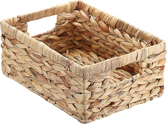 Wicker Basket for Shelf Water Hyacinth Storage Baskets with Built-in Handles Handwoven Natural Basket Bin for Bathroom Kitchen Home Decor,12 x 9 x 5 inches