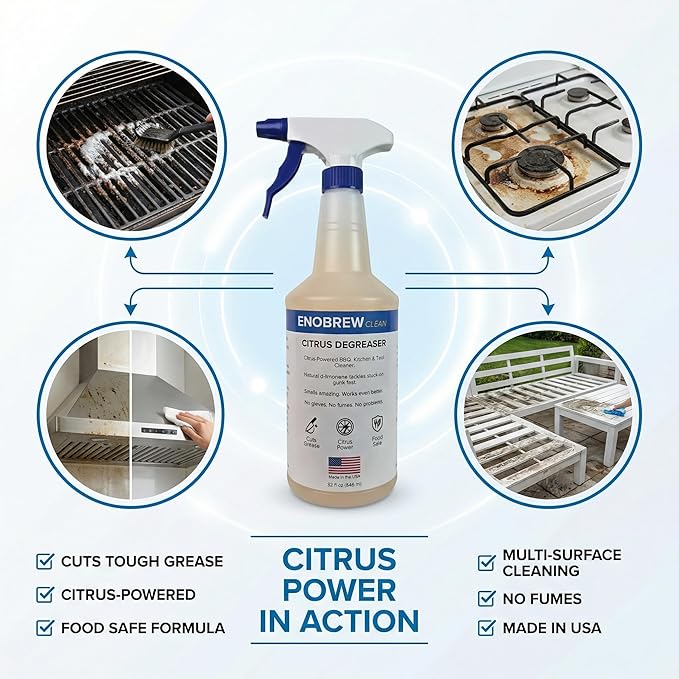 Citrus Degreaser and Kitchen Grease Cleaner, Heavy Duty Natural Citrus Formula for BBQ Grills, Stovetops, Cabinets, Autos and Outdoor Surfaces, Fast Acting Best Kitchen Degreaser (32 oz)
