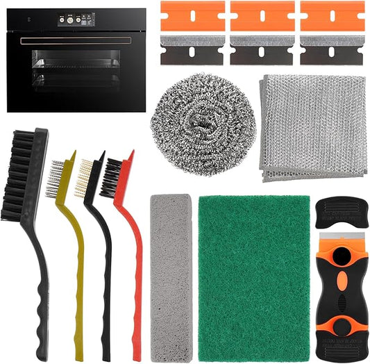 Heavy Duty Oven Cleaner Brush Kits, 12 Pcs Oven Cleaning Tools Accessories, Include Razor Blade Scraper, Crevice Cleaning Brush, Steel Wool Scrubber, Scrub Sponges,Cleaning Rags