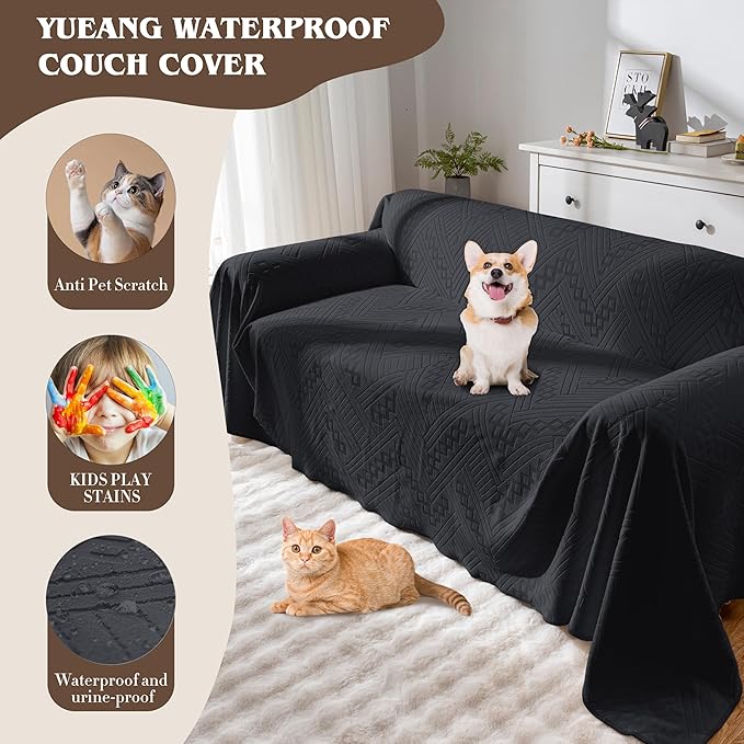 Waterproof Couch Cover, Reversible, Pet-Friendly, Washable and Anti-Slip Couch Covers for Sofa Protection with 3 Cushions, Sofa Slipcovers for Dogs and Cats (71×118in/Black)