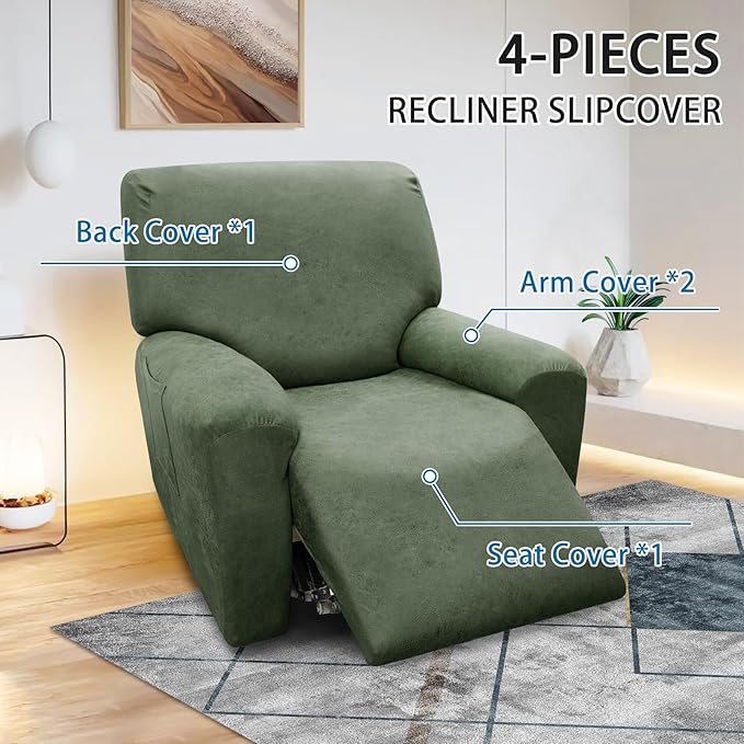 Chair Covers 4-Pieces Recliner Chair Covers 1 Seater Cover for Recliner Chair Leather Look Recliner Slipcovers with Pockets Spandex Fabric Furniture Covers(Recliner, Army Green)