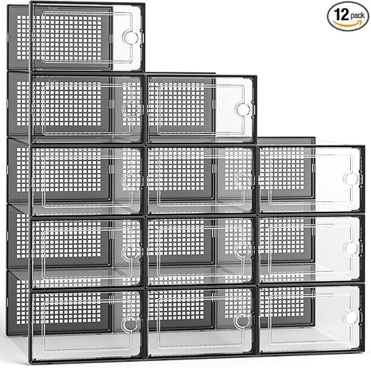 Kuject Large Shoe Organizers Storage Boxes for Closet, 12 Pack Clear Plastic Stackable Storage Bins with Lids, Under Bed Shoe Containers for Entryway, Drop Front, Fit up to Women's Size 10,Black