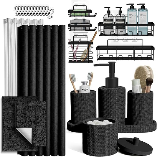 Clara Clark Black Bathroom Set - Bathroom Sets with Shower Curtain and Rugs, 26PC Bathroom Accessory Set, Shower Curtain Set with Adhesive Corner Shower Caddy Hanging & Soap Dispenser