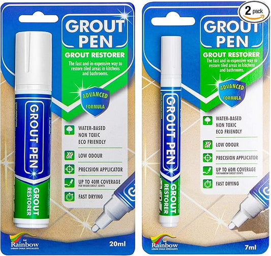 Grout Pen Tile Paint Marker: Waterproof Grout Colorant and Sealer Pen to Renew, Repair, and Refresh Tile Grout - Cleaner Coating Stain Pens - 2 Pack, 5mm Narrow and 15mm Wide Tip Pen - White