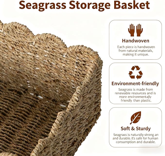 Scalloped Basket, Wicker Storage Baskets, Hand Woven Baskets for Shelves,Natural Baskets for Organizing (Seagrass(S-9.5" L x 9.5" W x 5.5" H))