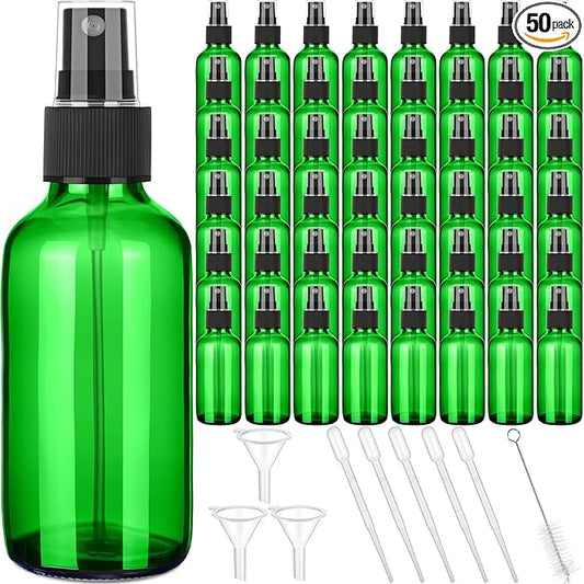 Nuogo 50 Pieces Mini Glass Spray Bottles Bulk 4 Oz Fine Mist Bottles with Funnel Dropper and Cleaning Brush Refillable for Essential Oils, Perfumes and Aromatherapy(Green)