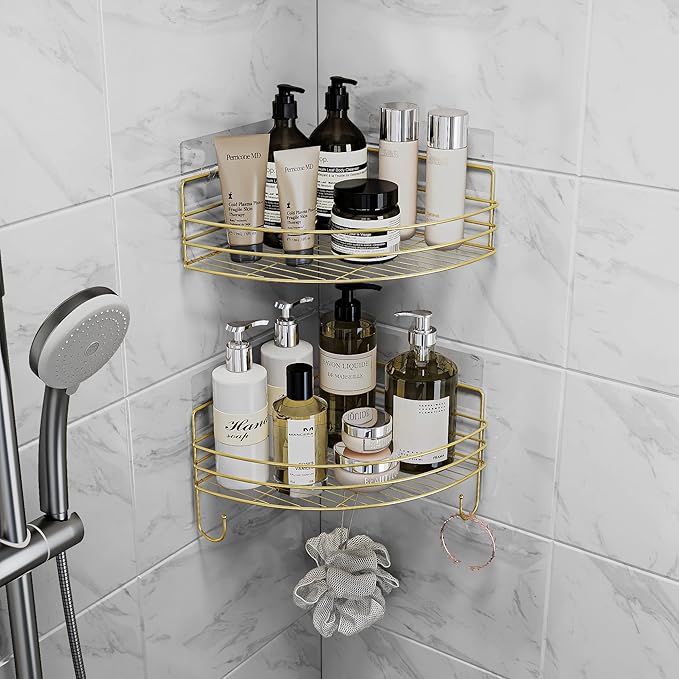 Corner Shower Shelves with 4 Hooks, 2-Tier Stainless Steel Bathroom Shower Organizers, Wall Mounted Caddy Shelves No Drilling with Adhesive, Triangle Storage Shelf for Toilet, Dorm and Kitchen, Gold