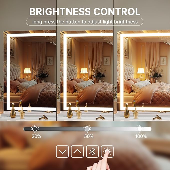 Hasipu Vanity Mirror with Lights and Bluetooth Speaker, 42" x 29.5" LED Makeup Mirror, Lighted Makeup Mirror with Dimmable 3 Modes, Touch Screen Control Vanity Mirror Square White