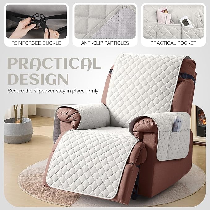 KinCam 100% Waterproof Recliner Chair Cover, Reclining Couch Covers for Pets, Dogs, Recliner Couch Slipcover Furniture Protector with Elastic Straps for Kids(28", Beige White)