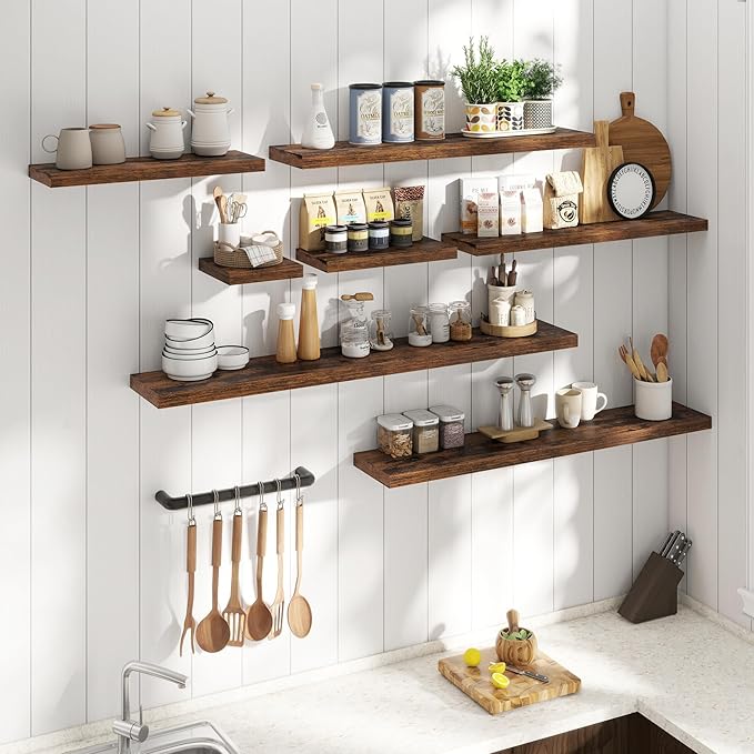 48 Inch Floating Shelves for Wall Set of 2, 8"D Wood Grain Bathroom Shelves with Invisible Brackets, Easy Install Engineered Wood Storage Shelves for Kitchen, Living Room, Bedroom, Rustic Brown Finish