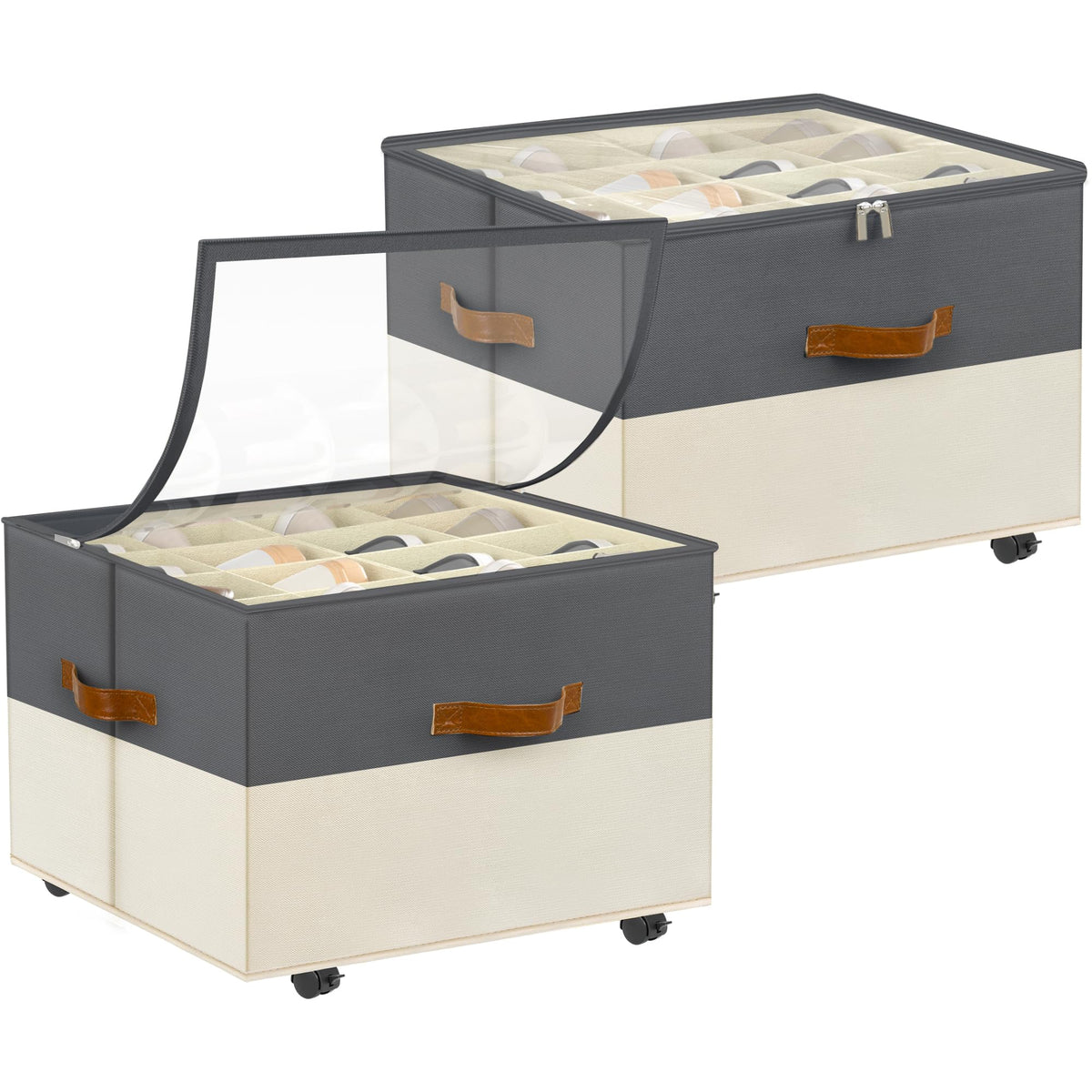 2 Pack Shoe Organizer for Closet, with Wheels, Beige and Grey - Image 1
