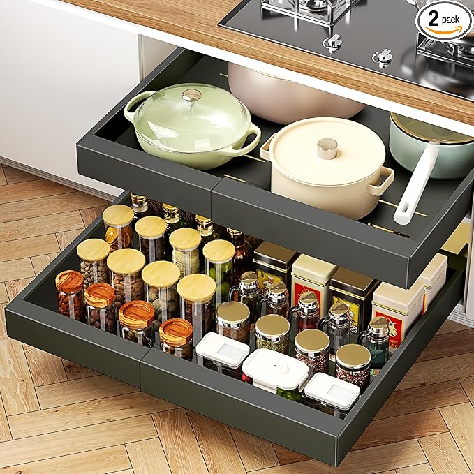 2Pack Expandable Pull Out Cabinet Organizer 21" Deep with Raising Pad for Framed Cabinets, Roll Out Shelves Adhesive, Adjustable Width 12.24"-20.5" W