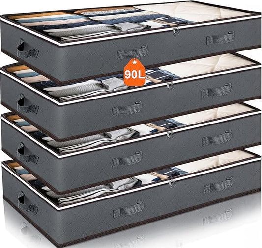 90L Under Bed Storage Containers, Closet Organizers and Storage Bins, Foldable Underbed Storage Bags for Blankets, Towels, Comforter, Sweaters, Linen Sheets, Wrapping Paper (Grey, 4 Pack)