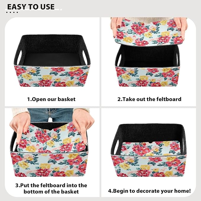 Kcldeci Rose Floral Flower Green Leaf Storage Bins Baskets for Organizing 2Pack, Sturdy Storage Basket Foldable Storage Baskets for Shelves Closet Nursery Toy