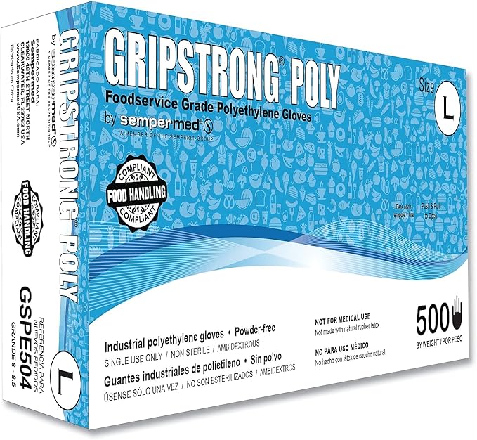 Sempermed GripStrong Poly Foodservice Grade Polyethylene Gloves, Large (10000/Case)