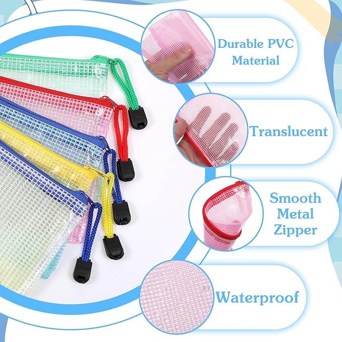 60 Pcs Mesh Zipper Pouch with 72 Labels, Plastic Clear Storage Bags Organizer Set for Travel, Jewelry, Crafts, Office Supplies - 5 Colors, 7.1x4.7 Inch