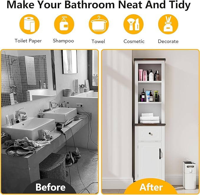 63 Inch Tall Corner Cabinet, Modern Corner Storage Cabinet with Door & Adjustable Shelves & Drawers, Anti-Tipping Free Standing Linen Tower for Bedroom, Bathroom, Kitchen, Pantry (White)