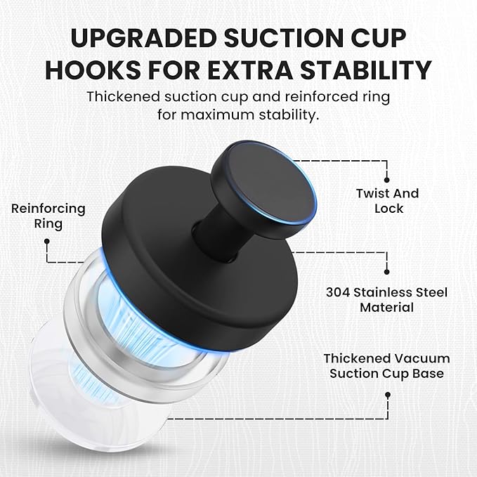 ALAM Suction Cup Hooks 4 Pack – No Drill Heavy Duty Bathroom Towel Hooks, Removable reuseble Stainless Steel Shower Hooks for Kitchen, Glass, Door, Bathrobe & Coat