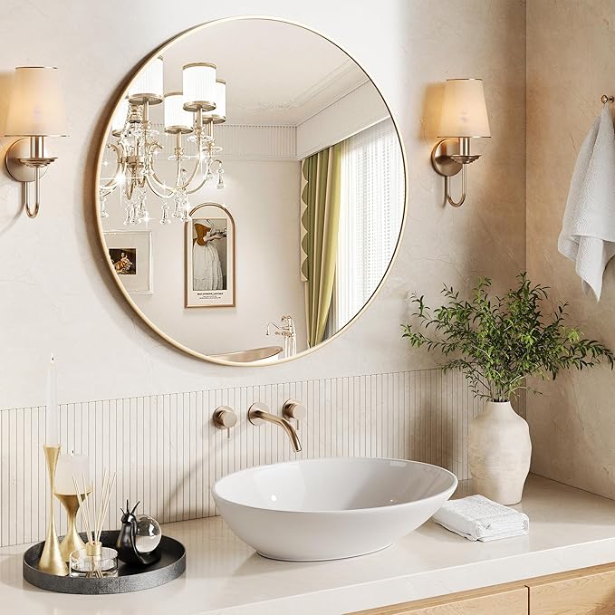 30" Gold Round Mirror for Wall, Large Circle Bathroom Mirror for Over Sink, Matte Gold Metal Frame, HD Eco-Friendly Glass, Contemporary Vanity Entryway Hallway Living Room Home Decor, Easy to Hang