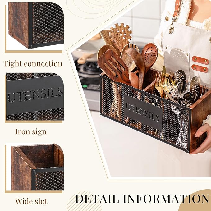Extra Large Kitchen Utensil Holder Wooden with 4 Compartments, Utensil Organizer for Countertop, Cooking Silverware Storage for Rustic Kitchen Countertop Holder Farmhouse Cooking Container