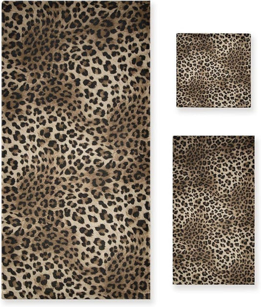 3 Piece Brown Leopard Bath Towel Set,Microfiber Decorative Black Cheetah Wild Savannah Animal Skin Print Bathroom Towels,1 Bath Towel 1 Hand Towel for Bathroom Kitchen,1 Washcloth for Face