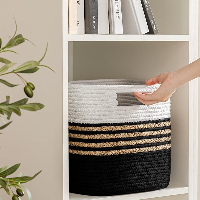 UBBCARE Set of 4 Storage Cubes 13 X 13 X 13 in, Water Hyacinth Storage Bins for Shelves, Toys, Book, Storage Baskets with Handles, Cotton Rope Woven Baskets for Organizing, Black