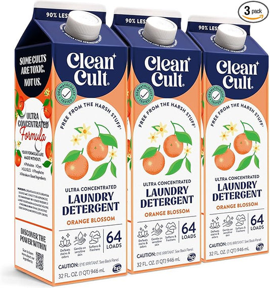 Cleancult Ultra Concentrated Liquid Laundry Detergent, 192 loads (96 oz), Long Lasting Scent, 90% Less Plastic, No Harsh Chemicals, Orange Blossom, Defeats Stains & Odors, HE/Standard Compatible