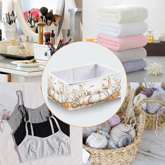 White Pumpkins and Fall Flowers Leaves Autumn Colors O Closet Organizers Storage Cubes Storage Bins Shelf Baskets Containers for Home Room Office,Square