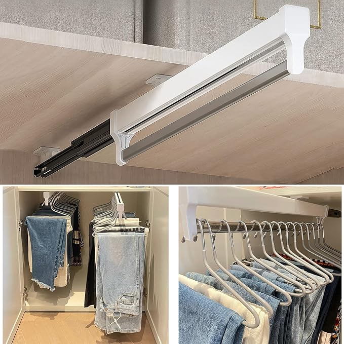 Pull Out Closet Valet Rod, Adjustable Sliding Heavy Duty Steel Top Mounted Clothes Storage Hanger Rail for Closet Wardrobe (597mm/23.5inch)