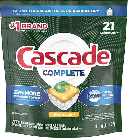 Cascade Complete ActionPacs, Dishwasher Detergent Pods, Lemon, 21 Count