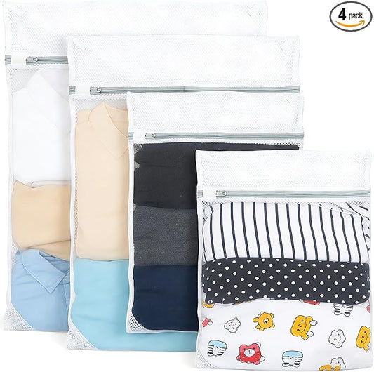 Professional 4 Pack Mesh Laundry Bags for Delicates - 1L, 1M, 2S White Coarse Net Wash Bags, Reinforced Lingerie Bags with Rust-Proof Zipper Guard for Clothes, Washing Machine, Bras, Hosiery & Underwe