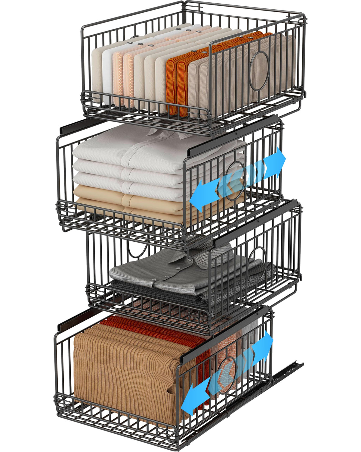 4 Pack Sliding Stackable Closet Organizer Storage Basket,Black - Image 1