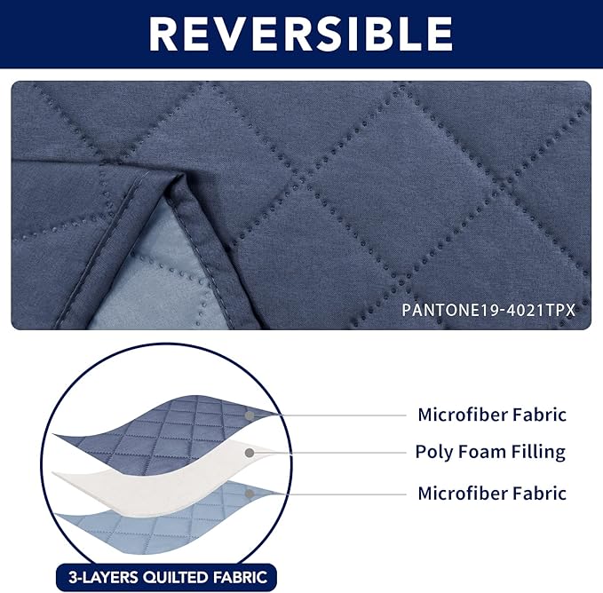 PureFit Water Resistant Reversible Sofa Covers for Reclining Sofa 3 Seat - Non Slip Split Recliner Couch Cover for 3 Cushion Couch, Washable Furniture Protector for Kids, Dogs (Dark Blue/Light Blue)