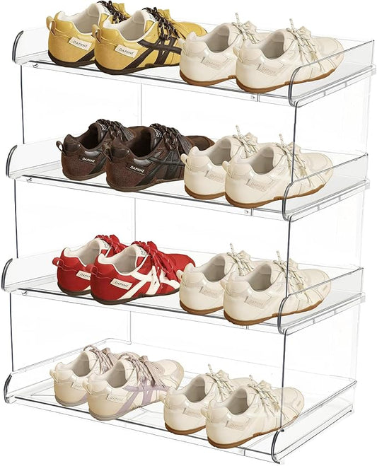 4 Tiers Acrylic Kids Shoe Rack,Shoe Organizer Storage for Shoe and Boot,Clear Shoes Shelf for Closet,Shoe Organizer for Entryway,for Hallway,Small Spaces,Garage,Closet (Clear, Medium, 4)