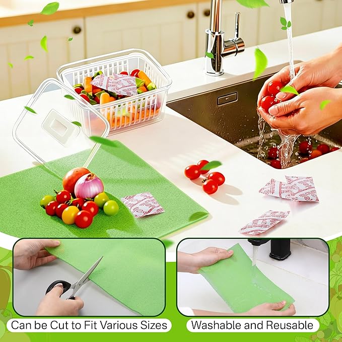 16 Pack Produce Saver Refill Kit with 5 Refrigerator Bin Liners, Carbon Filter Refills Ethylene Gas Absorber for Fruits Keeper & Crisper Inserts, Fridge Liners, Keep Produce Vegetable Fresh